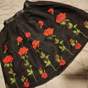 Elegant Black Skirt with Red Rose Embroidery
